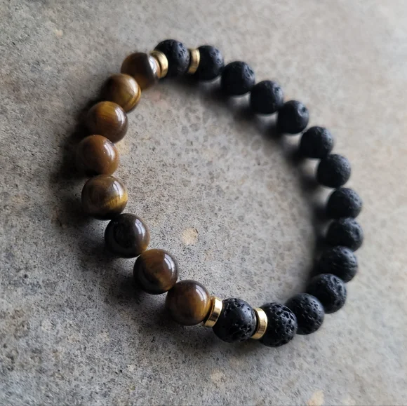Unisex Tiger's Eye Mala Bead Lava Bead Handmade Bracelet - Picture 4 of 5